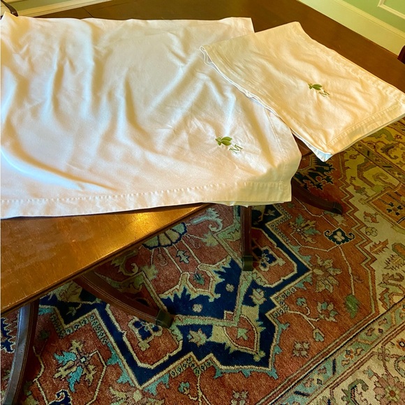 Pottery Barn 100% cotton off white 70” square tablecloth and 16” by 90” runner. - Picture 9 of 9